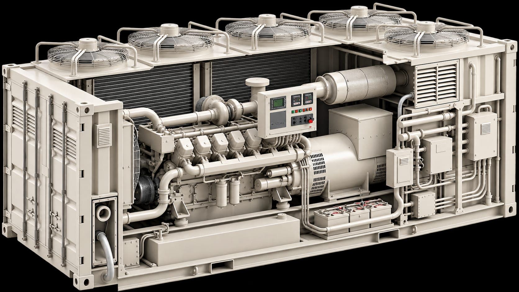 Open-door view of the Nikitis Citadel TB-1600 natural gas generator package — engine, alternator, cooling, and controls